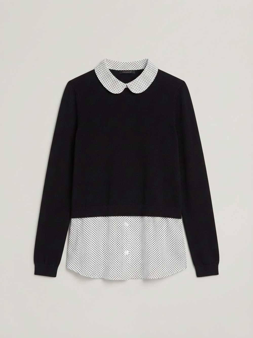 Adrianna Papell Black Sweater White Polka Dot Collar Layered 2-In-1 Top L